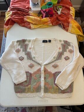 Vintage Cream Patterned Button-Front Sweater Cardigan